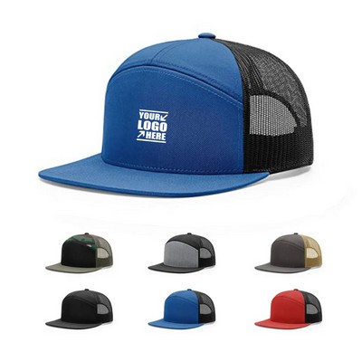 7 Panel Snapback Mesh Back Cap Flat Bill Trucker Hat