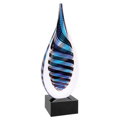 Blue, White and Black Twisted Rain Drop Art Glass on Black Base