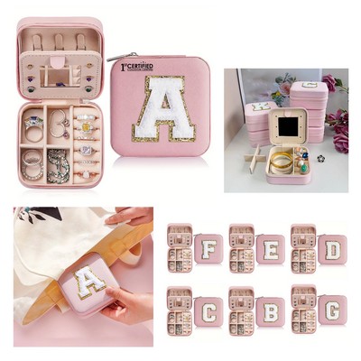 Chenille Letter Patch Jewelry Box w/Makeup Mirror