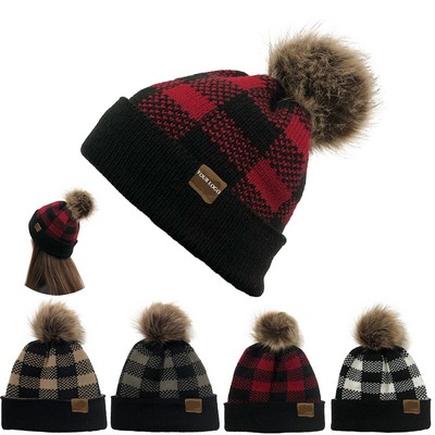 Plaid Beanie Hat with Faux Fur Pom