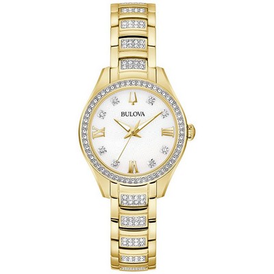 Bulova Watches Ladies' Crystal Stainless Steel Bracelet Watch, White Mop Dial