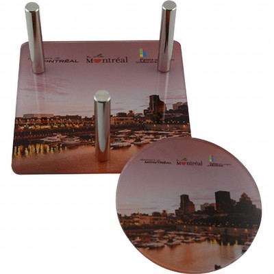 Acrylic Coaster Set of 4 Round Coasters (3 1/2" dia) and 1 Base (4 1/2"x4 1/2") Full Color