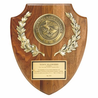 Walnut Plaque Shield w/Department of Justice Medallion & Engraving Plate (10"x 12")