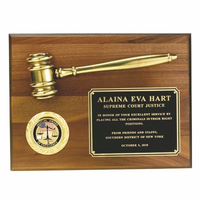 Plaque Walnut Finish w/Metal Gavel, Holds 2" Insert (9"x 12")