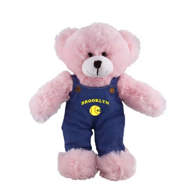 Soft Plush Stuffed Pink Bear in denim overall.