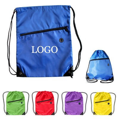 210D Polyester Sports Drawstring Pack With Front Zipper