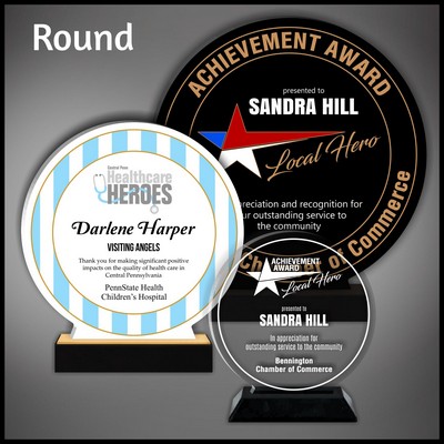 5" Round Clear Budget Line Acrylic Award in a Black Wood Base