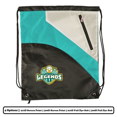 Multi-Panel Polyester Drawstring Bag w/ Small Slant-Zip Pocket w/ Custom Logo