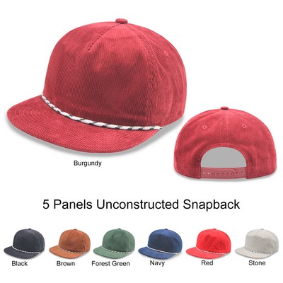 Corduroy Low Profile 5 Panel Unstructured Flat Bill Snapback Floppy Rope Hat