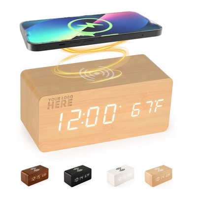 3 In 1 Wooden Clock Radio With Wireless Charger Station