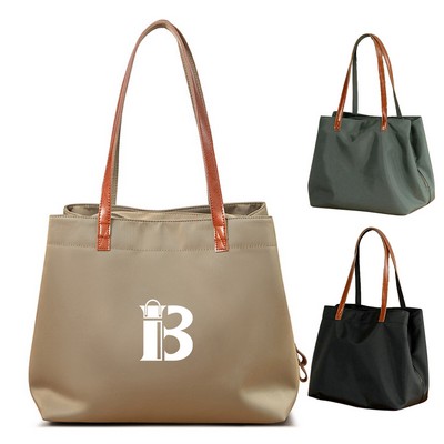 Leather Nylon Shoulder Tote Bag