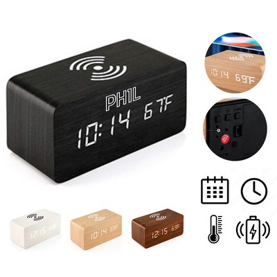 Wooden LED Alarm Clock with Wireless Charger