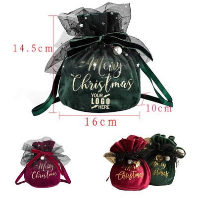 Christmas Drawstring Gift Pocket w/ Gauze & Bells