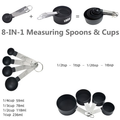 8 in 1 Stainless Steel Handle Measuring Cup and Spoon Set with Engraved Measurement Marks