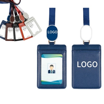 Leather ID Card Holder and Retractable Lanyard Set