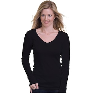 Junior Bayside® Fine Jersey Long Sleeve V-Neck Tee Shirt