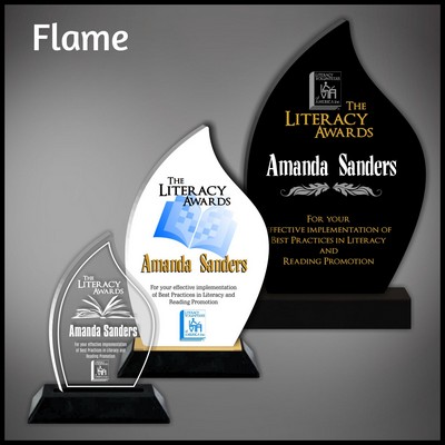 8" Flame Clear Acrylic Award with a Black Wood Base