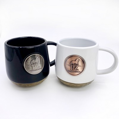 14oz Ceramic coffee mug with custom bronze medal and golden accent and coffee bean embossing pattern