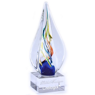 8 ¾" Art Multi-Color Glass Sculpture Award w/Hand Blown Tear Shape Glass