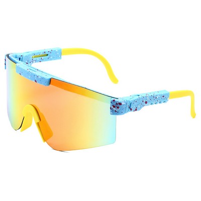 Goggle Sunglasses - Multicolored Mirror Lenses - Blue Frames