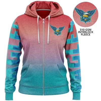 Women's 310 GSM Interlock Fleece Sublimation Full Zip Hoodie W/ Pockets