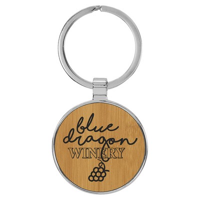 1 1/2" Leatherette/Metal Bamboo Round Keychain