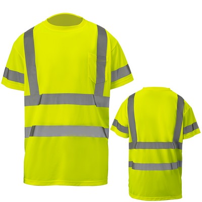 Hi-Viz 3.8 Oz. Polyester Class 3 Double Band Reflective Tape Safety T-Shirt With Pocket