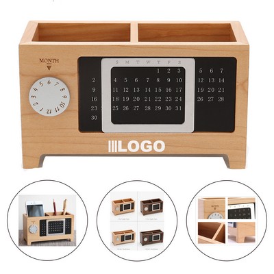 Wood Calendar Desktop Pen Holder Storage Box