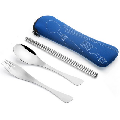 Fish Tail Stainless Steel Fork, Spoon, Chopsticks Tableware Set with Carry Pouch