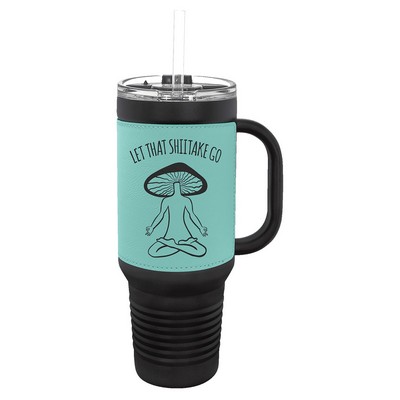 Polar Camel 40 oz. Black with Teal Laserable Leatherette Travel Mug with a Handle, Strw Inc