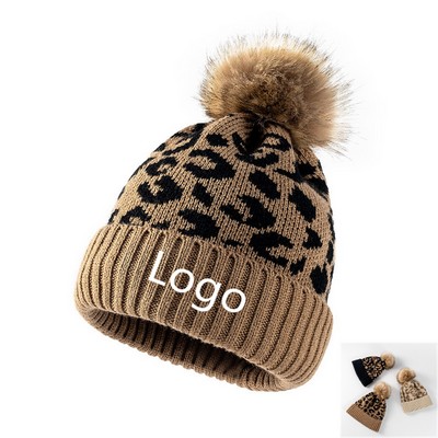 Leopard Beanie Hat With Pompom