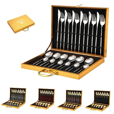 24pcs Gold Stainless Steel Tableware Cutlery Set Gift Box