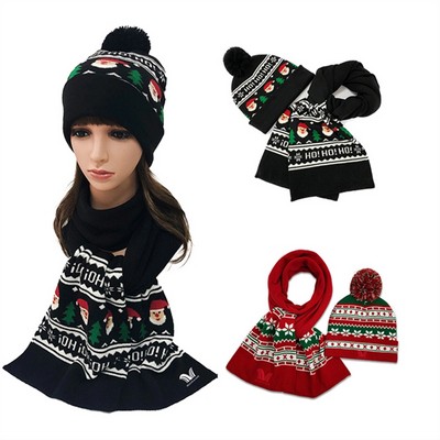 Xmas Christmas Beanie Hat Knit Cap Scarf Set