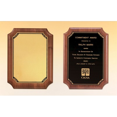 American Walnut Plaque with Notched Corner - Black Plate with Gold Border (7"x8")