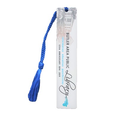 Aluminum 1" x 4 7/8" Bookmark with a Full Color sublimated imprint and assembled tassel. Made in USA