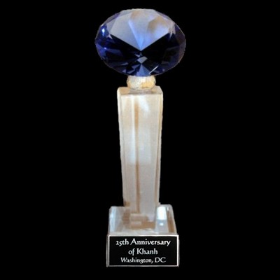 Crystal Engraved Award - 7" small - Tower with Blue Diamond