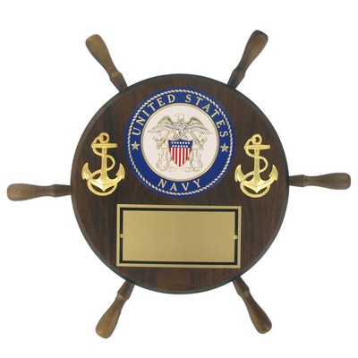 13" Walnut Shipwheel Plaque w/U.S. Navy Medallion & Engraving Plate