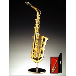 Gold Brass Saxophone Miniature with Stand & Case 6"H