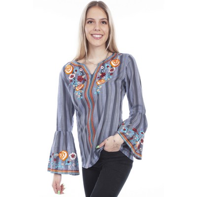 Honey Creek Stripe Blouse w/Floral Embroidery