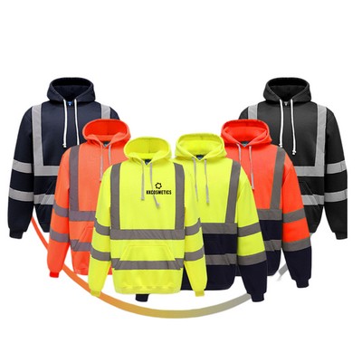 Color Block Reflective Safety Pullover Hoodie With Kangaroo Pocket