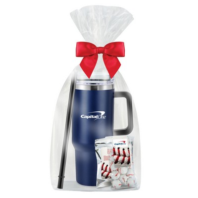 40 Oz. Tapered Tumbler w/ Handle & Straw Gift Set (Chocolate Baseballs & Gatorade® Packet)