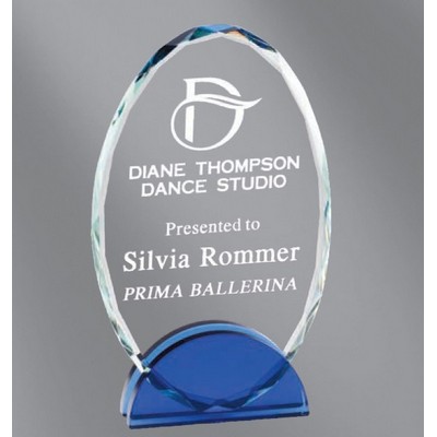 Cascata Oval Crystal Award with Blue Base, 8"H