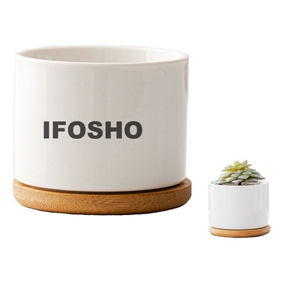 3 Inch Mini Ceramic Plant Pot with Bamboo Tray for Small Succulent (Plants Not Included)