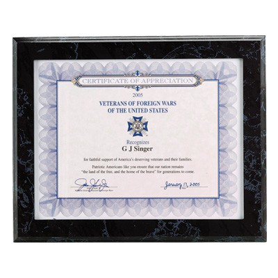 Black Marble Certificate Holder Plaque (10½" x 13")