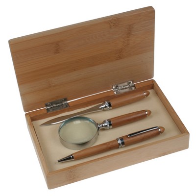 Bamboo Ballpoint Pen, Letter Opener, and Magnifying Gift Set