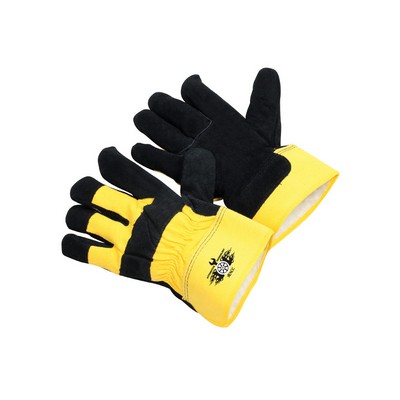 Mid-weight, black, leather palm glove, yellow safety cuff, insulated pile lining