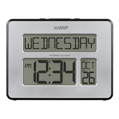 Silver Atomic Digital Wall Clock w/Indoor Temperature