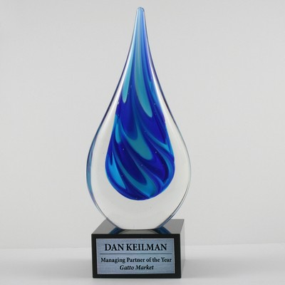 Blue Swirl Teardrop Art Glass Award w/Black Glass Base