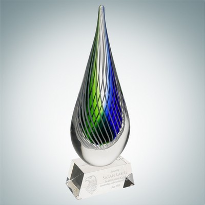 Art Glass Ocean Green Narrow Teardrop Achievement Award w/ Clear Base