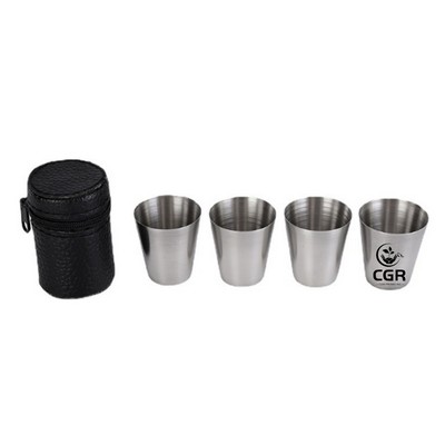 Set of 4 Stainless Steel Shot Cups with Leather Case for Stylish Drinking Accessories